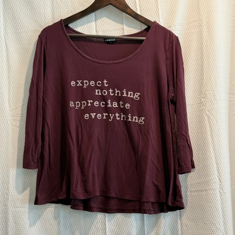 Vintage Joe Boxer Sleep T Shirt Women's Plum XL Expect Nothing Appreciate Every